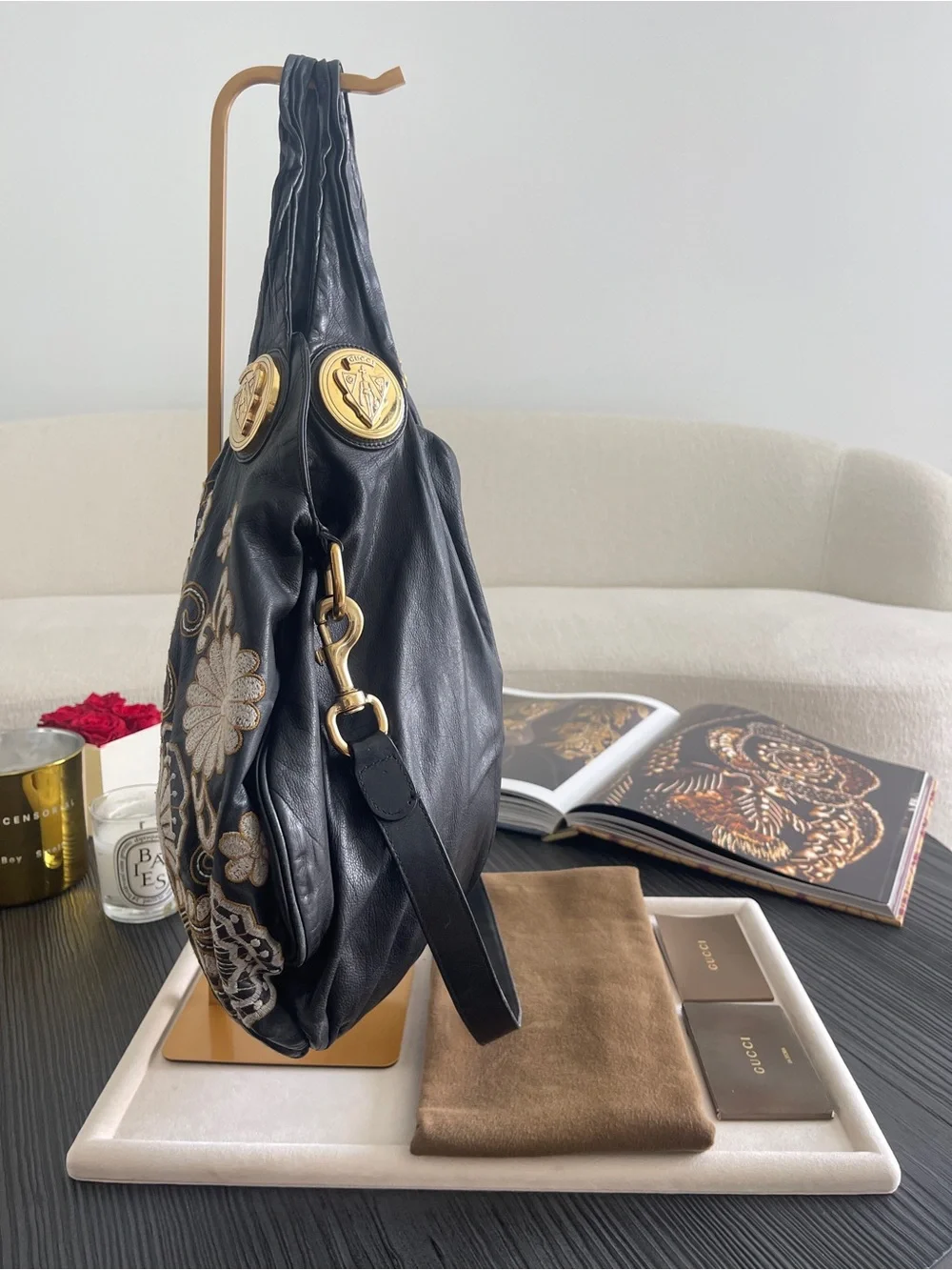Gucci Hysteria Large Hobo Bag Black Leather Floral Embroidered Vintage $4500